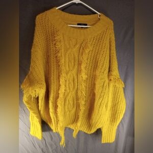 Fate Anthropology Fringe Yellow Cable Knit Sweater